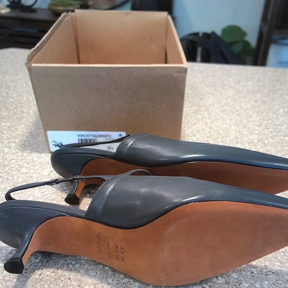Vince Black Pointed-Toe Slingback Kitten Heels